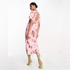 Pink Floral Midi Dress with Open Back